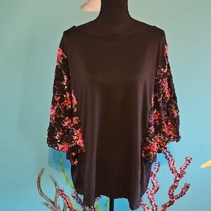 SHEIN Black Top with Floral Sleeves